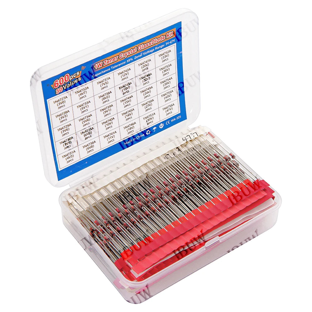 600PCS 30Values 1W Zener Diode Kit 3V-47V Box for Electronics Voltage Regulation KIT each 20pcs 1N4727A 1N4742A 1N4751A