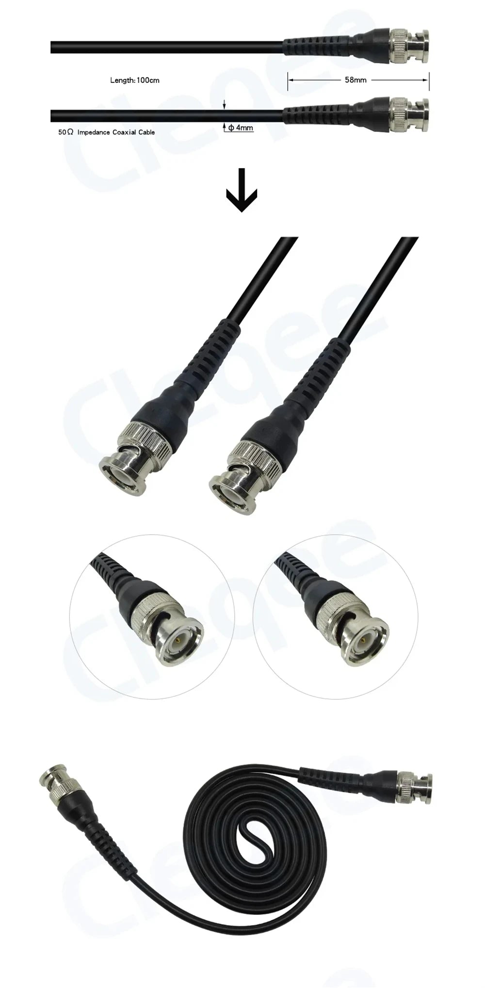Cleqee P1013 Q9 BNC-BNC Interface Oscilloscope Test Probe Coaxial Cable Lead, 50Ω Impedance, Suitable for CCTV Cameras