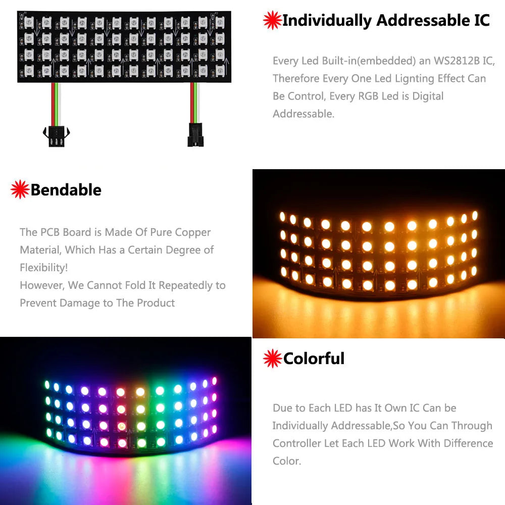 1-10Pcs WS2812B RGB Flexible 4X12 8X8 16x16 8x32 Pixel Led Panel Matrix Screen Module WS2812 Individually Addressable IC DC5V