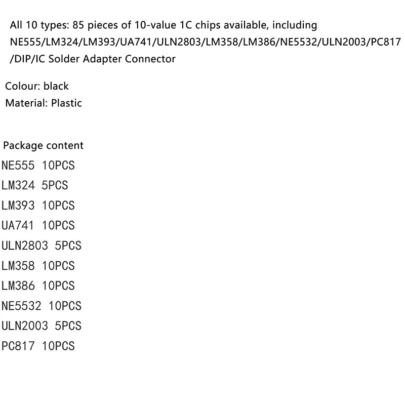 85PCS Integrated Circuit Chip Kit 10 Specifications IC-NE555 IC-LM324 IC-LM358 DIP Single Precision Timer Combination Kit