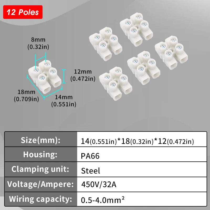 12 Position Barrier Screw Terminal Block 450V/32A PA66 Fire-Retardant Wire Connector 0.5-4mm² for Industrial Electrical Projects