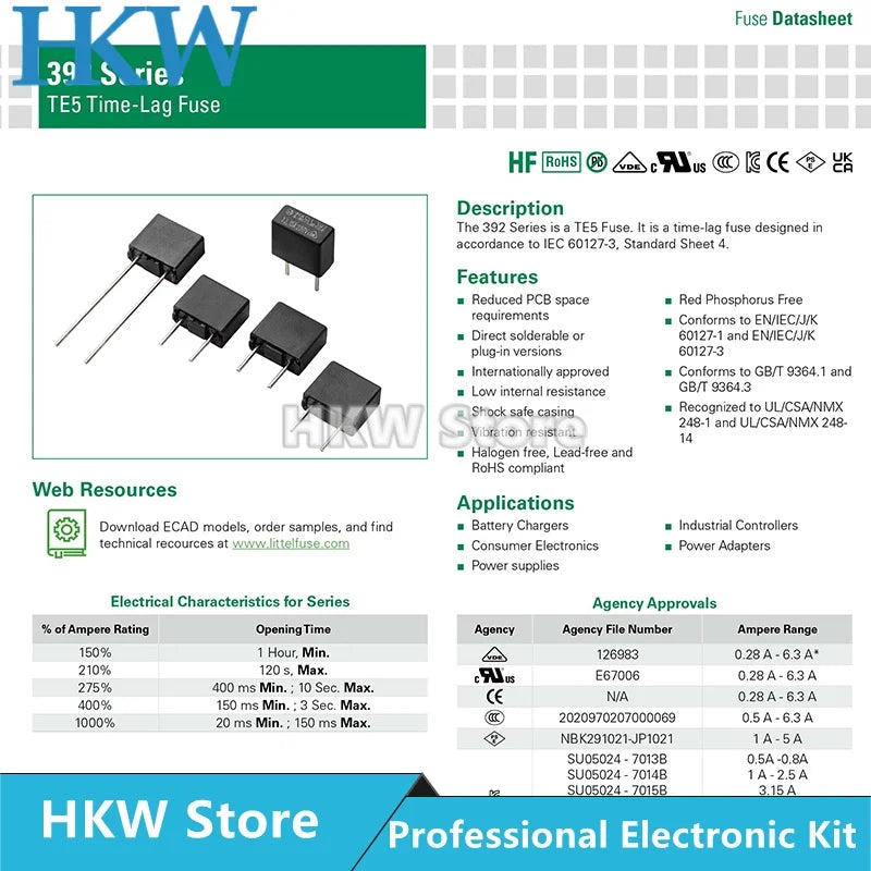 10pcs/lot 392 Series 250V TE5 Fuse Time-lag Fuses Square 500MA to 6.3A T500MA T1A T2A T3.15A T4A T5A T6.3A Time Delay Littelfuse