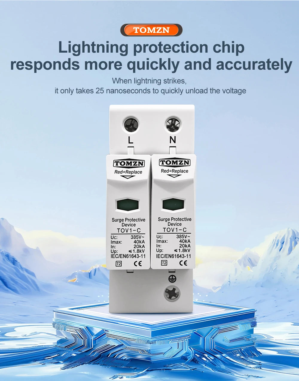 TOMZN AC SPD 2P House Surge Protector Protection Protective Low-voltage Arrester Device 10-20kA 20-40kA 30-60kA 275V 385V 420V