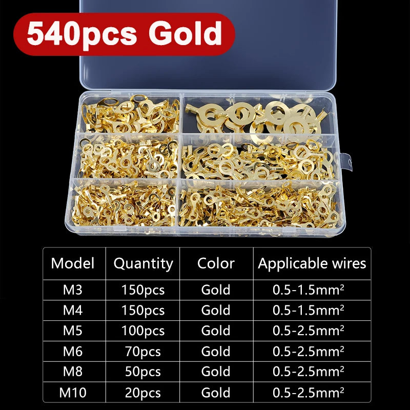 150-540pcs Boxed Terminal Block Connector M3/M4/M5/M6/M8/M10 O-type Ground Lugs Terminal Cold-Pressed Copper Tab Wiring Nose