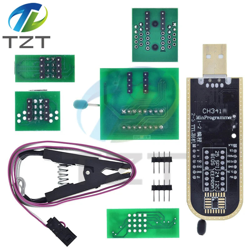 CH341A CH341B 24 25 Series EEPROM Flash BIOS USB Programmer Module + SOIC8 SOP8 Test Clip + 1.8V adapter + SOIC8 adapter DIY KIT