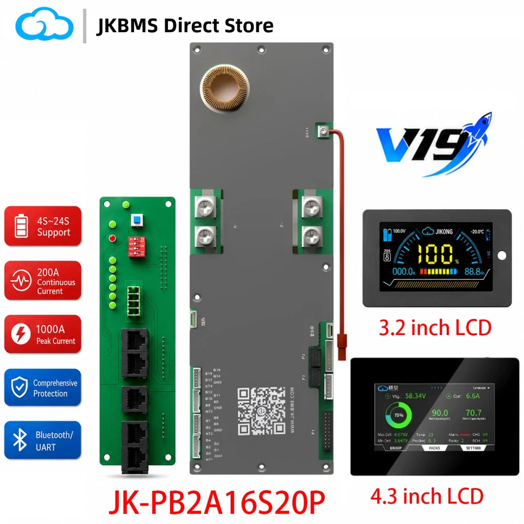 JIKONG PB2A16S20P Smart BMS 200A with 2A Active Balancer 8S 10S 12S 14S 16S 24V 48V LiFePo4 Li-Ion LTO Inverter Battery JK