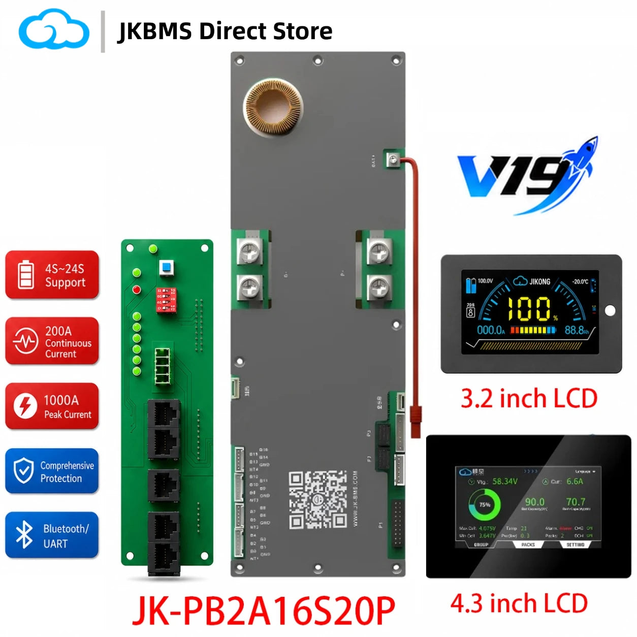 JIKONG PB2A16S20P Smart BMS 200A with 2A Active Balancer 8S 10S 12S 14S 16S 24V 48V LiFePo4 Li-Ion LTO Inverter Battery JK