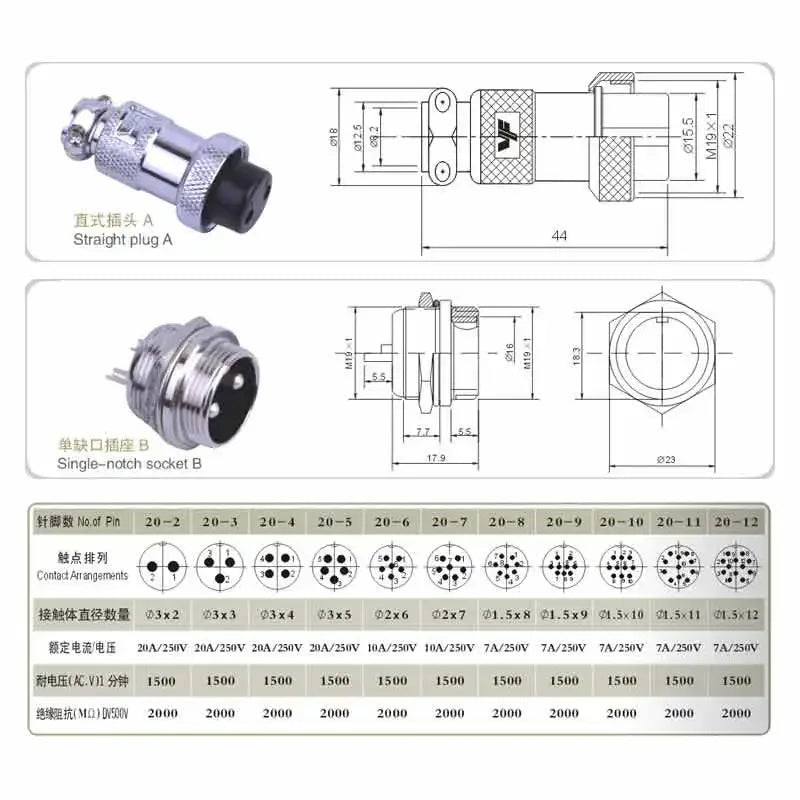 250V Aviation Plug Socket GX20 7-20A  with Wire 2 3 4 5 6 7 8 9 10 12 Pin Connector Cable Male and Female Connection Line