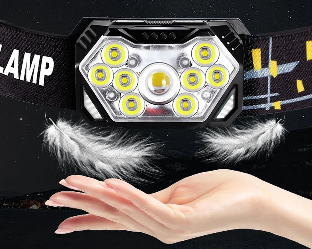 9 Led Strong Light Headlamp USB Rechageable Motion Sensor Headlight Portable Fishing Camping Outdoor Head Lamp 1200mah