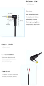 DC 5.5*2.1 / 5.5*2.5 Male 90 Degree Right Angle Connector Power DIY Cable Charging Line Monitoring Power Extension Wire