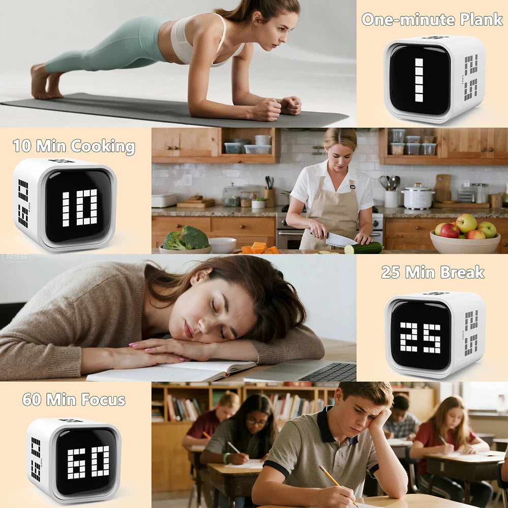 Adjustable Cube Pomodoro Timer - 5/25/10/60 Minute Countdowns, Settings - Pause, Resume, Silent, Vibrate & Sound Alarm Timer
