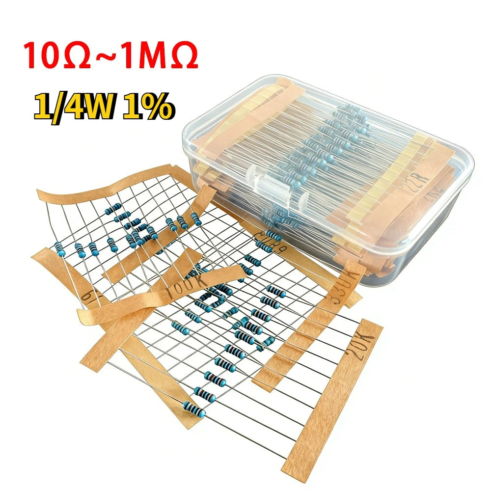 Metal Film Resistor Assortment Kit 300/600PCS 30 Values 1/4W 0.25W 1% Tolerance 10Ω~1MΩ High Precision Resistors for Arduino