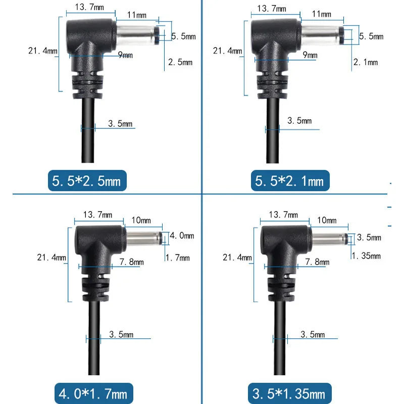 2pin DC Male Power Connector Extend Right Angle Charging Cable 4.0x1.7 3.5x1.35mm 5.5x2.1mm 5.5x2.5mm 22AWG 90 Degree 3A Cord T