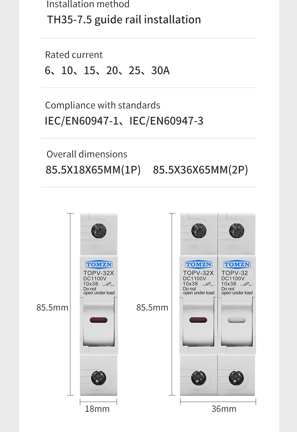 TOMZN 1P 2P DC Fuse Holder 10*38mm High Voltage Solar PV 1100V TOPV-30 Base Photovoltaic System Protection Protector GPV