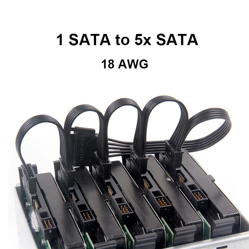 RGEEK 4pin IDE Molex 1 To 5 SATA 15pin Splitter Hard Drive HDD SSD Power Supply Cable Cord For Chia Coin Mining 18AWG Black