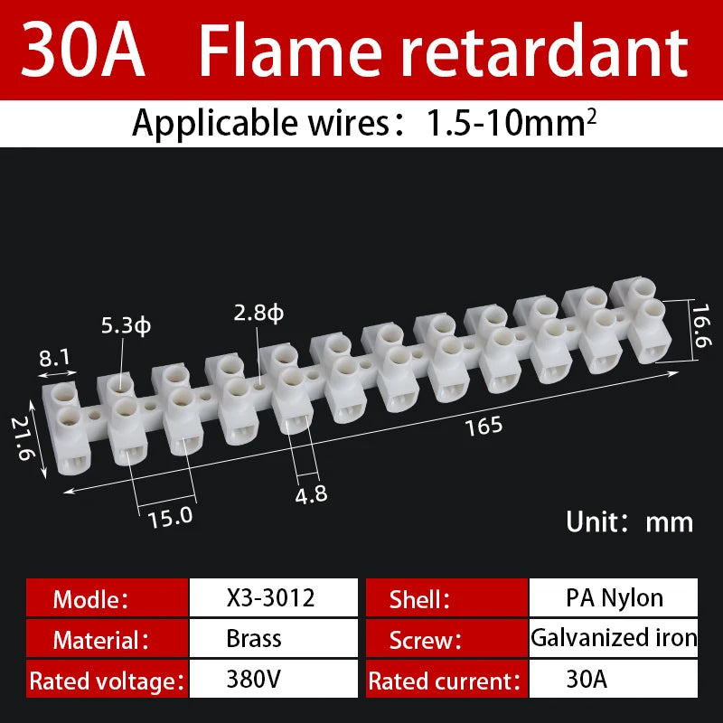 12 Position Barrier Screw X3-1012 Nylon Plastic Terminal Block 20A Transparent White Copper 380V Wire Connector Dual Row