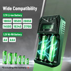 PUJIMAX 2-Slot LCD Battery Charger with Type-C For 18650 21700 26650 14500 16340 3.7V Lithium AA AAA 1.2V Ni-MH NiCd Battery