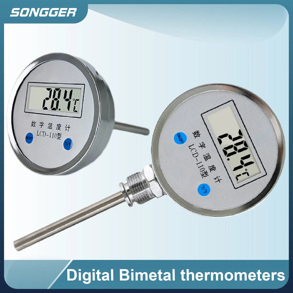 Digital Bimetal Thermometer LCD‑110 Stainless Steel Probe High Precision Water Temp Gauge Axial/Radial Mount IP65