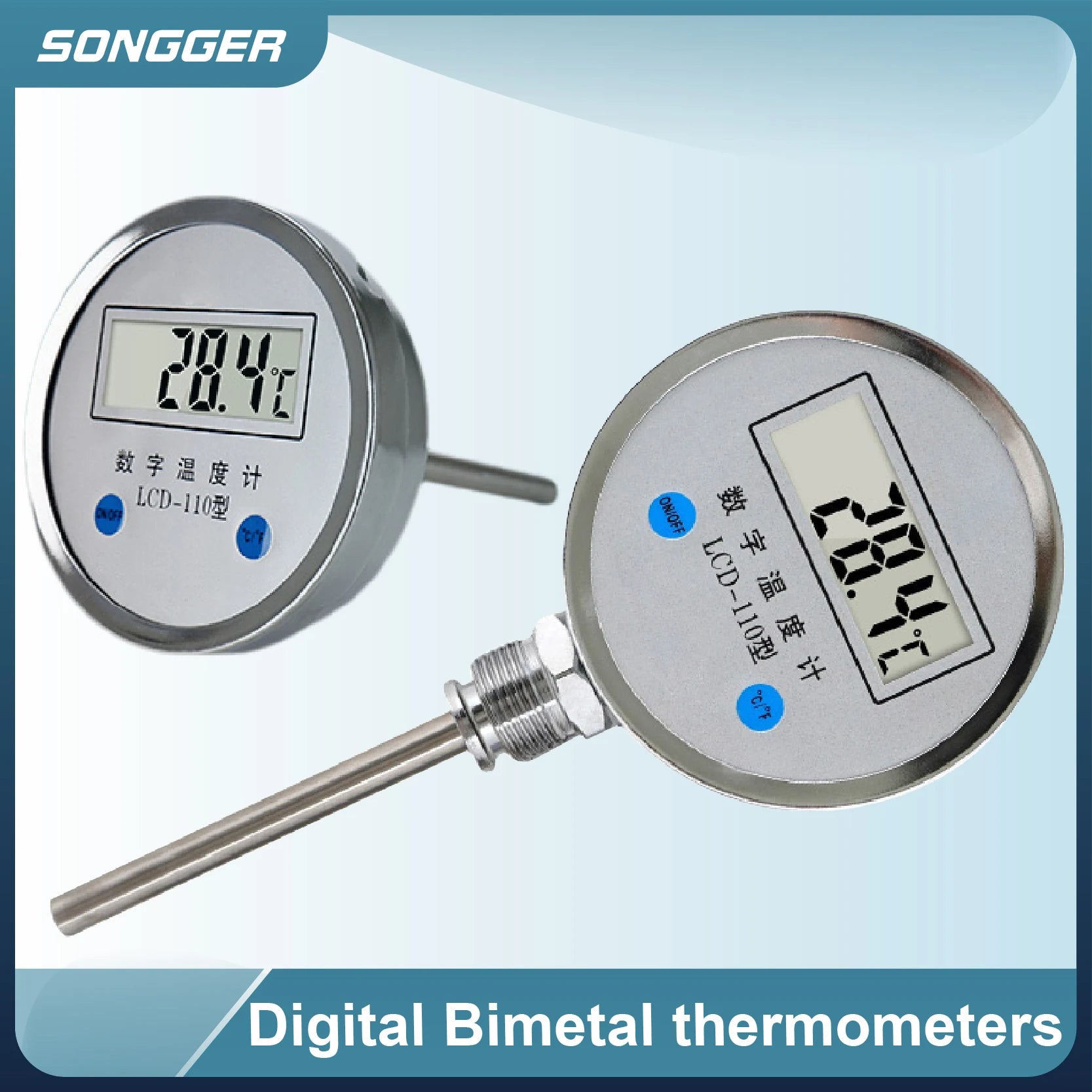Digital Bimetal Thermometer LCD‑110 Stainless Steel Probe High Precision Water Temp Gauge Axial/Radial Mount IP65
