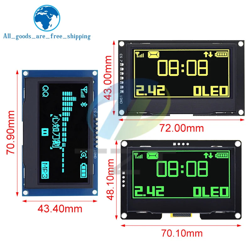 2.42 inch 2.42" OLED Display Module 128x64 LCD HD Screen Module SSD1309 7 Pin SPI/IIC I2C Serial Interface for Arduino UNO R3