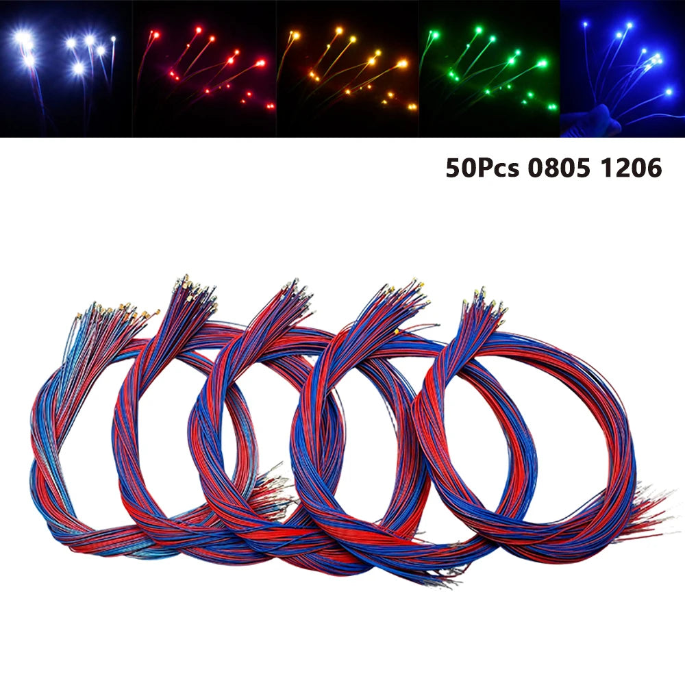 50Pcs DIY Micro SMD 0805 1206 Led Lamp Wired Pre-soldered Micro Litz Wired Chip 30cm 3V Railway Model Kit Toy For Gundam Scenes