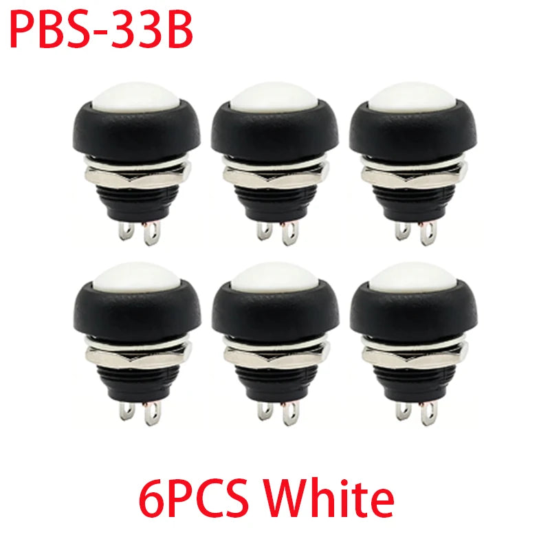 6PCS PBS-33B 12mm 2Pin Waterproof Momentary Push Button Switch 12V 1A Mini Reset Non-Locking Red Green Yellow Blue White Black