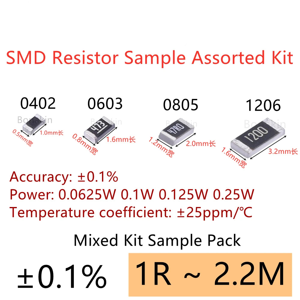 0402 0603 0805 1206 SMD Resistor Sample Assorted Kit 0.1% 0R 10R 100R 120R 1K 2K 4.7K 5.1K 10K 20K 100K 1M Sample Set Mixed Kit