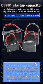 1pcs CBB61 Fan Starting Capacitor 450V 0.8/1/1.2/1.5/2/2.5/3/3.5/4/4.5/5/6/7/8/10/12/15/18/20UF Ceiling Fan Hood Motor Capacitor