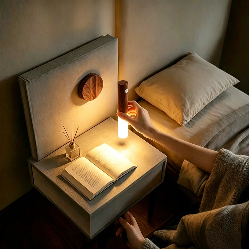 Wood Grain Motion Sensor Light Indoor Magnet Body Hallway Rechargeable LED Wireless Wall Sconce Portable Decor Torch Night Light
