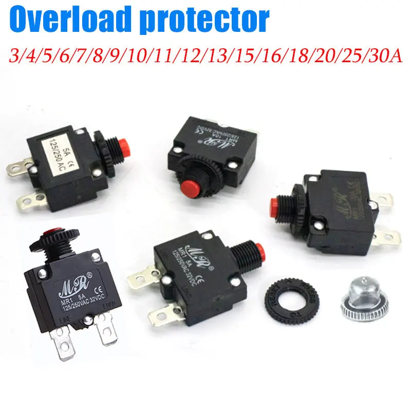 5Pcs Circuit Breaker Overload Protector Switch Fuse 10A 12A 15A 18A 20A 25A 30A 3A 4A 5A 8A Resettable 220V with Waterproof Cap