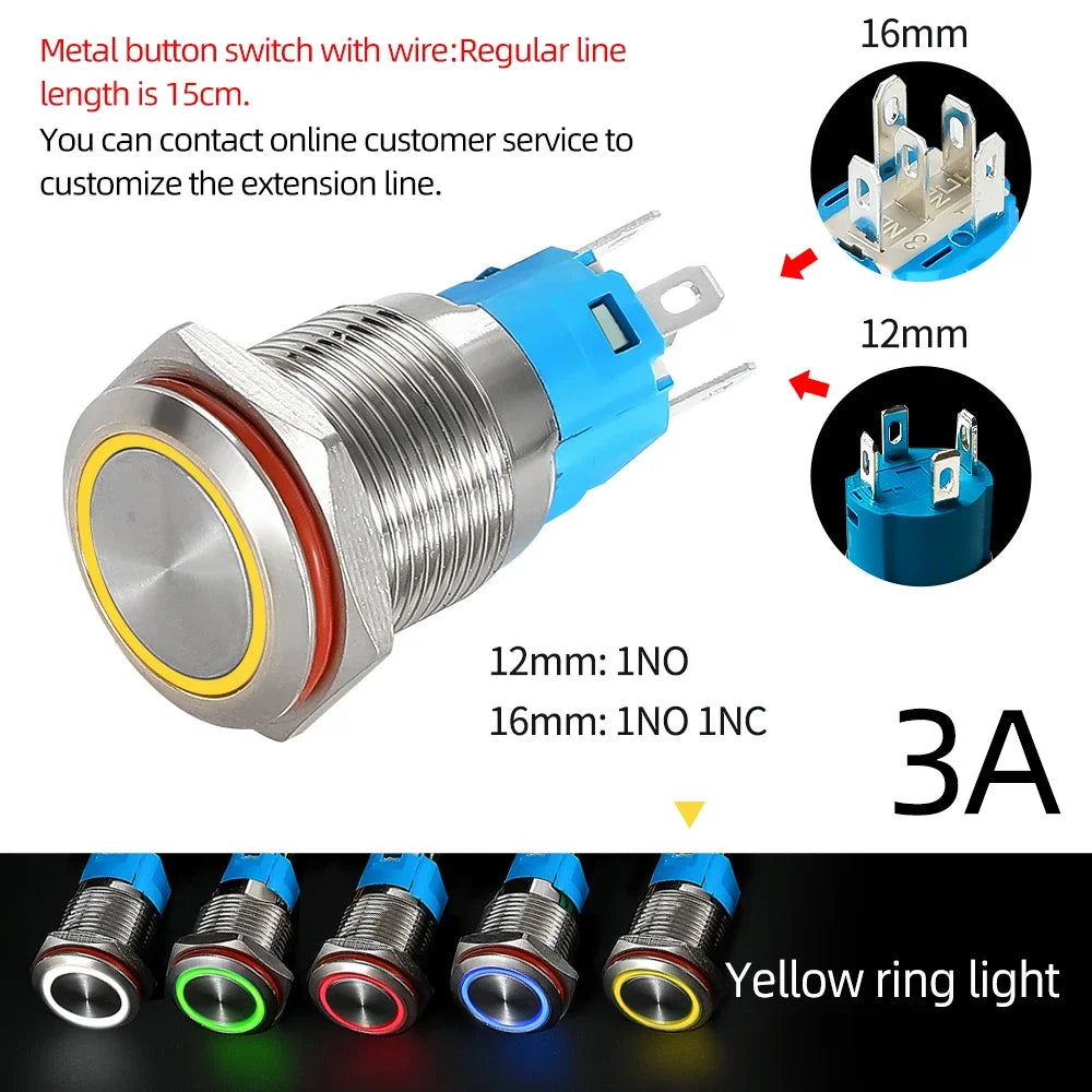 12/16mm Flat LED Illuminated Reset Latching Ring LED Metal Push Button Switch Waterproof On Off with Power Symbol