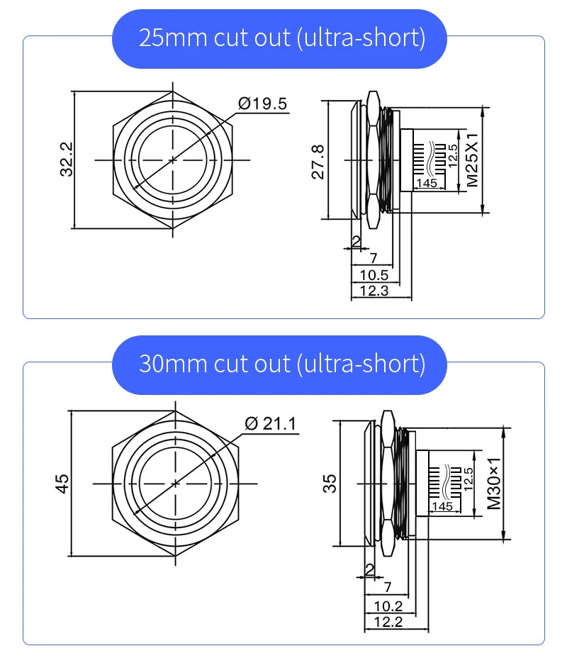 Custom Wiring Ultra Short LED Light Switch 12V 220V Momentary Waterproof IP65 Metal Push Button 19/22/25/30mm without Fixation