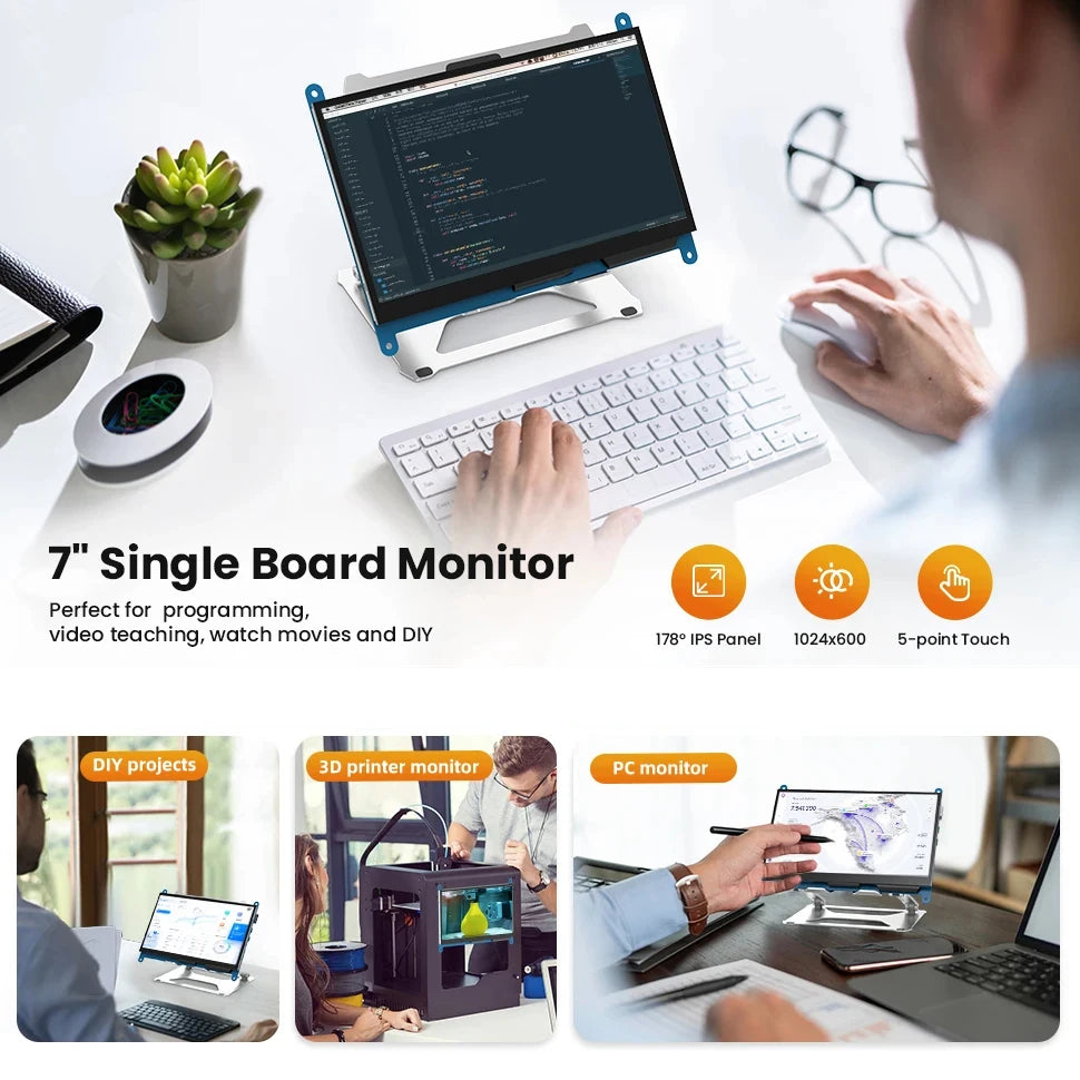 Eyoyo 7-inch Capacitive Touchscreen Monitor 5-points 1024x600 HD IPS Display Support Raspberry Pi 4/3/2/1/B/B+/A+ For Win 10/8/7