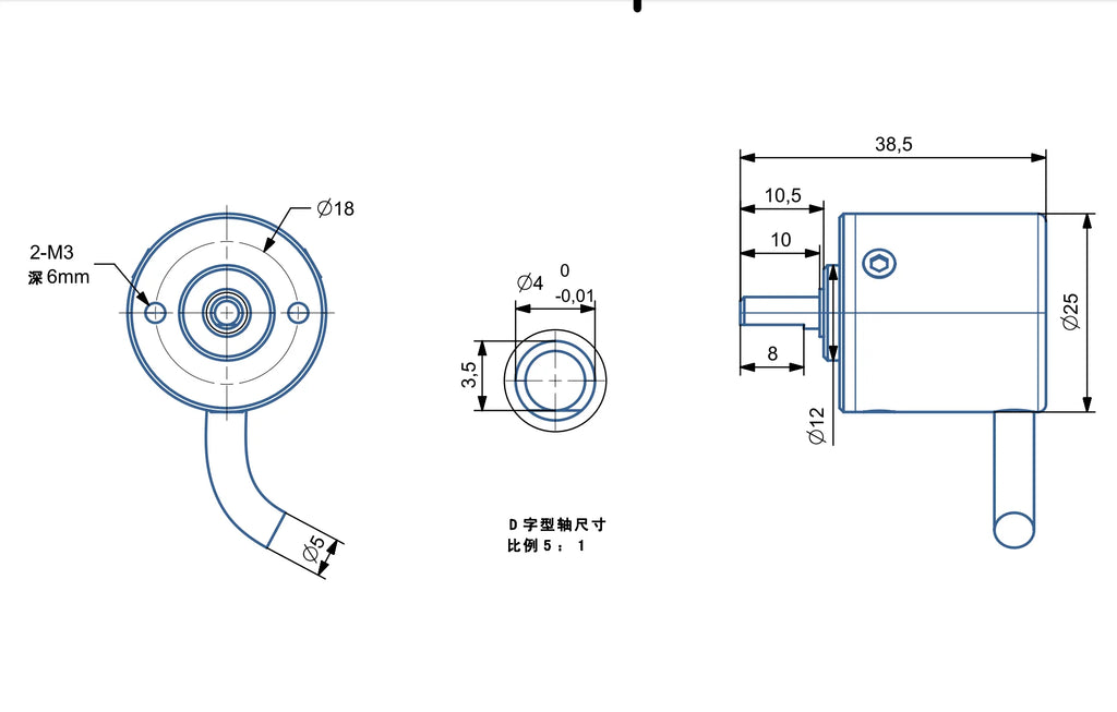 Φ25mm 4mm Shaft Miniature Singleturn Absolute Rotary Encoder RS485 RS232 Modbus RTU Wide Temperature High Durability