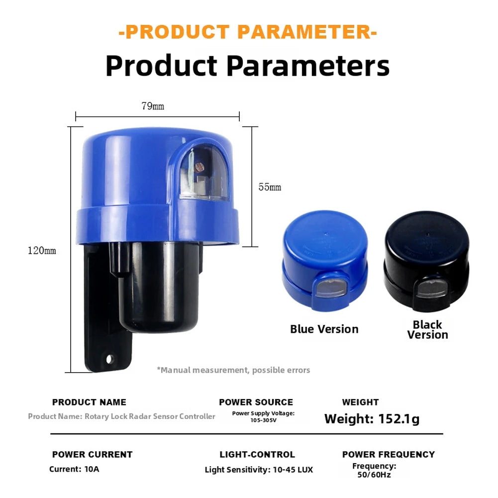 Outdoor Photocell Switch Featuring IP65 Protection Twist Lock Interface and 1000W Load Capacity for Lighting Control