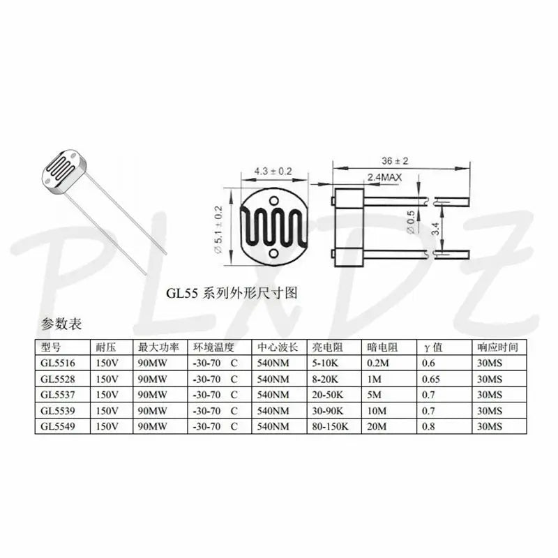 100PCS/LOT LDR Photo Light Sensitive Resistor Photoelectric Photoresistor 5528 GL5506 5516 5528 5537 5539 5547 5549 For Arduino