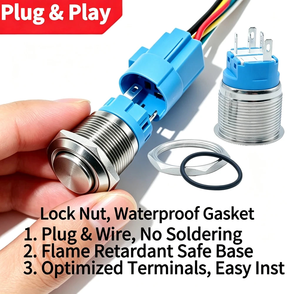 12/16/19/22mm Metal Push Button IP66 Waterproof Self Reset Latching Red LED 1NO1NC Plug Terminal 5V 12V 220V Control Switch Blue