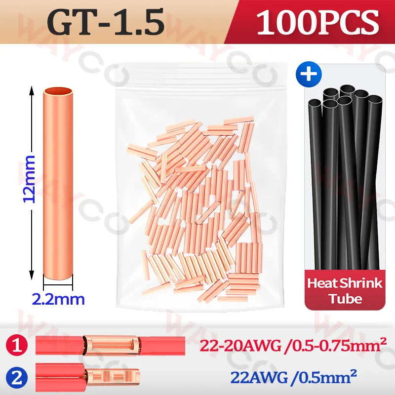100PCS GT Copper Crimp Terminals Electrical Wire Cable Tubular Connectors Ring Sleeve Ferrules Lugs Have Heat Shrink Tubing