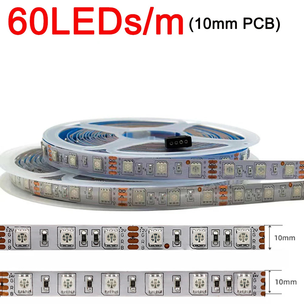 5m 12V 24V DC RGB LED Strip 30LEDs/m 60LEDs/m 96LEDs/m 120LEDs/m SMD 5050 Flexible LED Light Tape 8mm 10mm PCB for Decoration