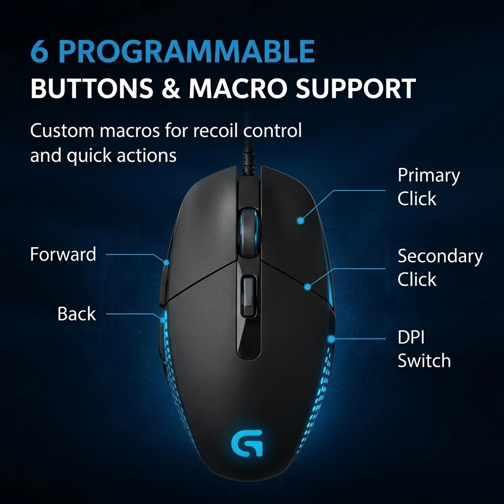 Logitech G302 Wired Ambidextrous Gaming Mouse 4000DPI On‑The‑Fly DPI Switch RGB Backlit 6 Assignable Buttons For Laptop Desktop