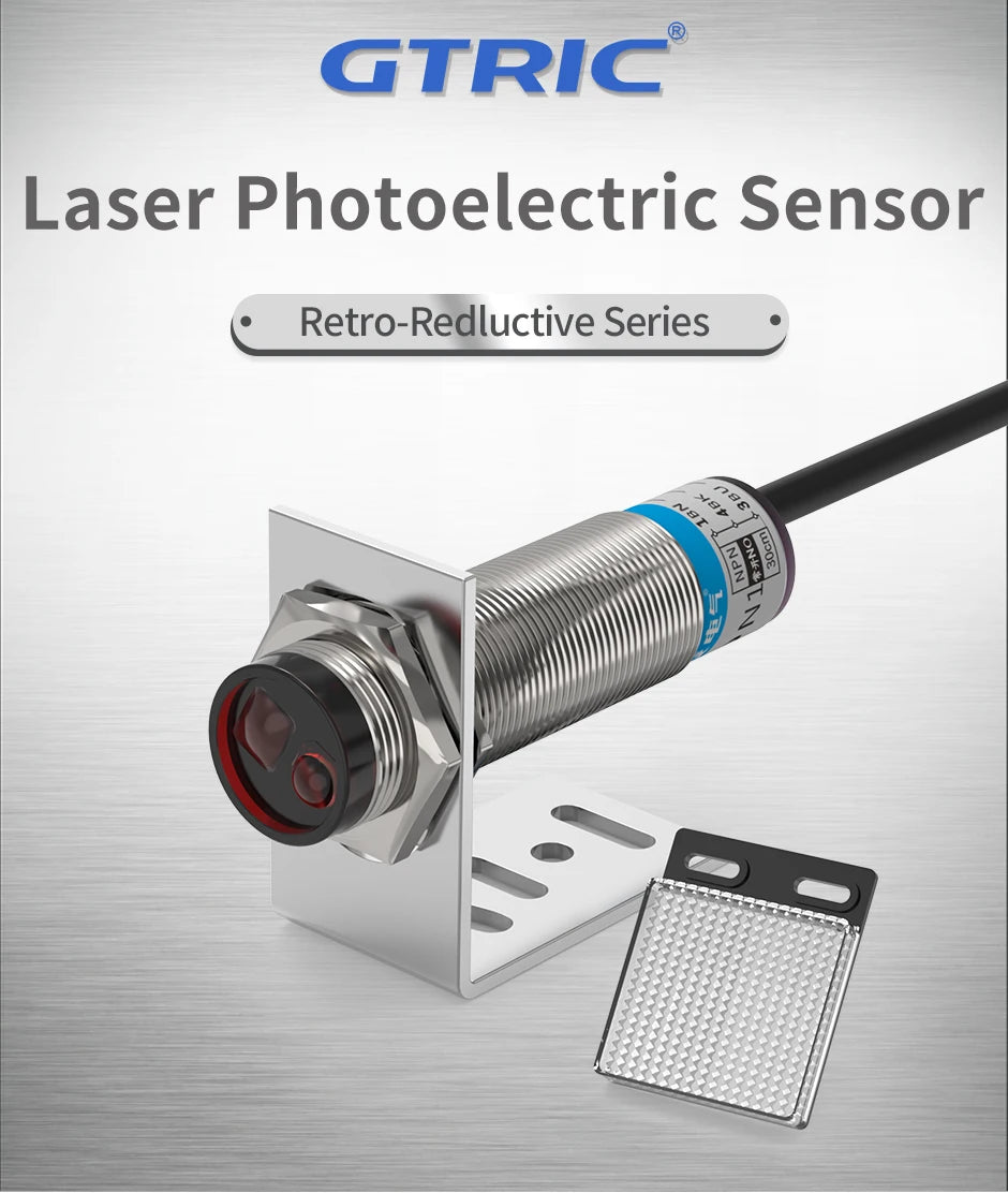 GTRIC Laser Photoelectric Sensor Retro-reflective M18 Series 10-30V NPN PNP Visible Spot 2mm Sensing Distance 8M Adjustable