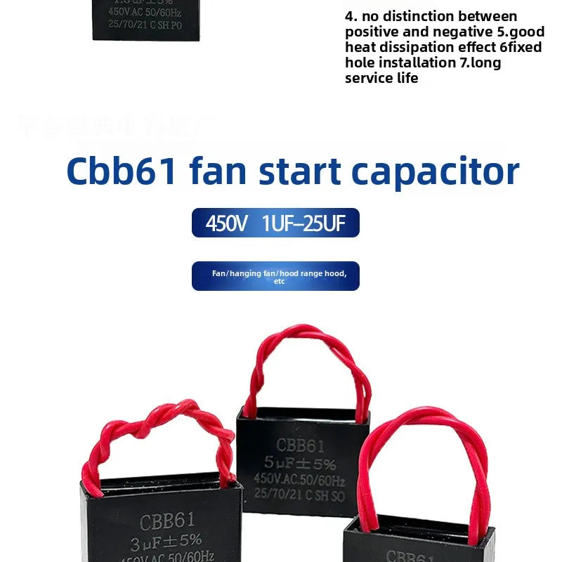 CBB61Fan Starting Capacitance1.2/1.5/1.8/2/2.5/3/4/5/6/7UFCeiling Fan Range Hood450V