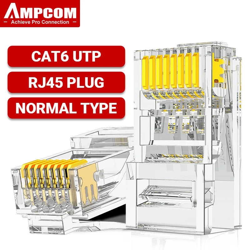 AMPCOM RJ45 Connector 50U Gold Plated CAT7 CAT6 CAT5E Pass through Modular Plug 8P8C Crimp End for Solid Wire Stanrded Ethernet