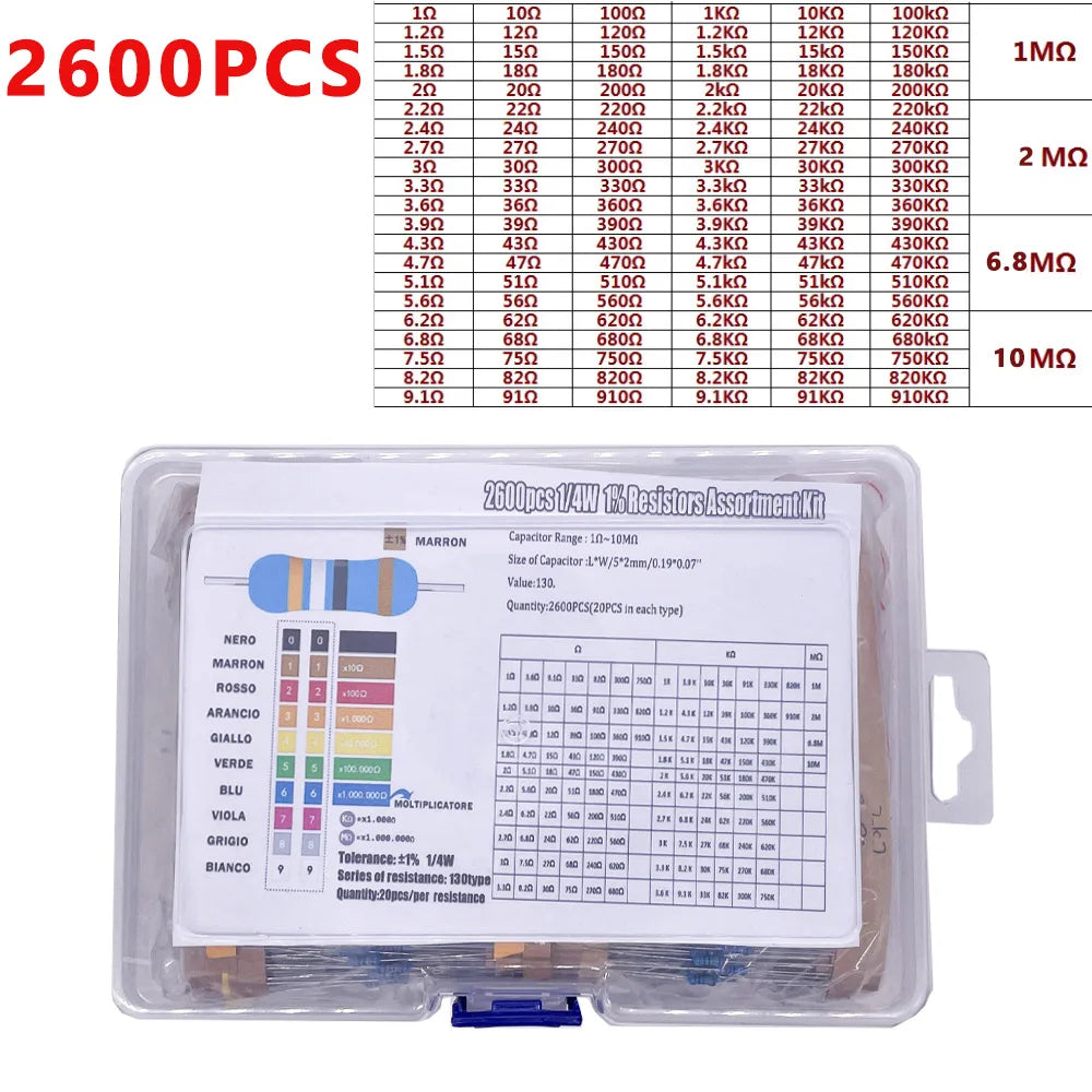 300/600/2600pcs 1% Resistor Set Resistance 1/4W Metal Film Resistors Kit 10Ohm ~1M Ohm 30/130Values Electronic Components Kit