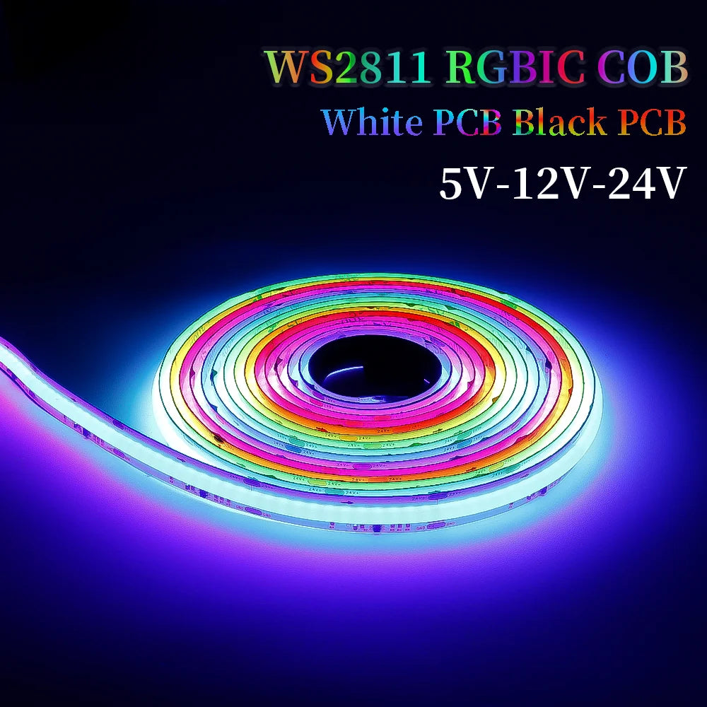 5V 12V 24V Smart SPI RGBIC LED COB Strip Light WS2811 Addressable Programmable Full Color Flexible Lights Bar White/Black PCB