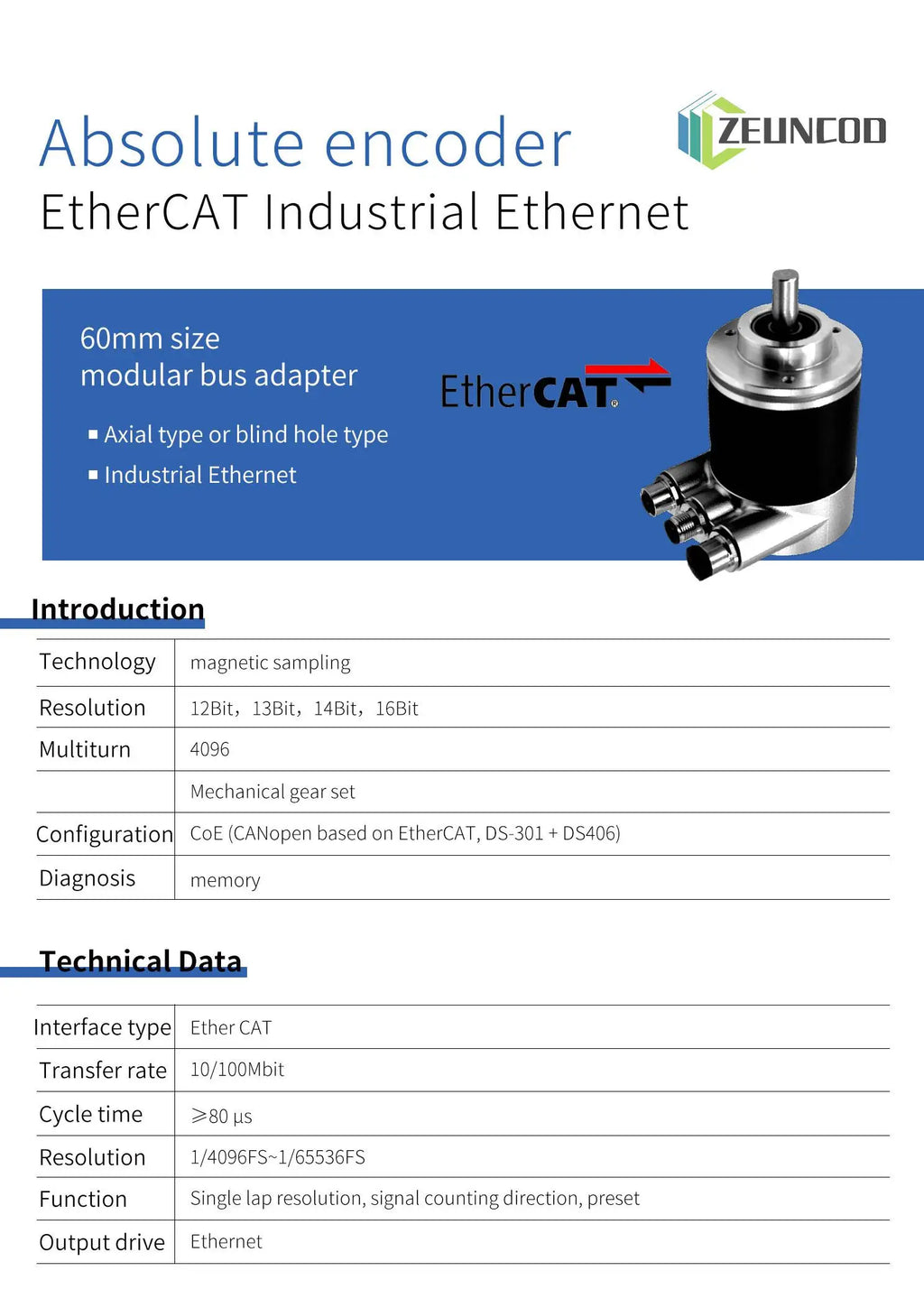 60mm EtherCAT Multi-Turn Absolute Rotary Encoder Magnetic 12-16Bit IP65/IP67 Flange Mount 10-32Vdc Industrial Position Sensor
