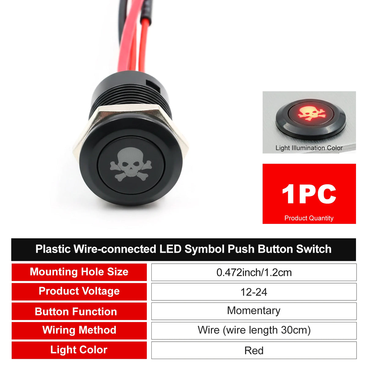 12mm Plastic Push Button Switch IP65 Waterproof 12V 24V Pre-Wired Symbol LED Dash Indicator Switch for Car Marine Boat RV Truck