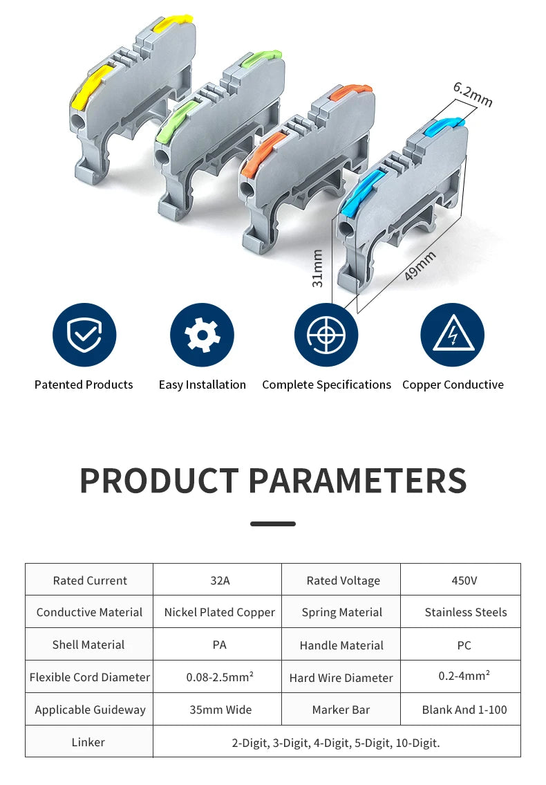 JINH CMK420 One-Flip Lever DIN Rail Terminal Push-in Wire Release Compact Conductor Block Orange Option for Electronics