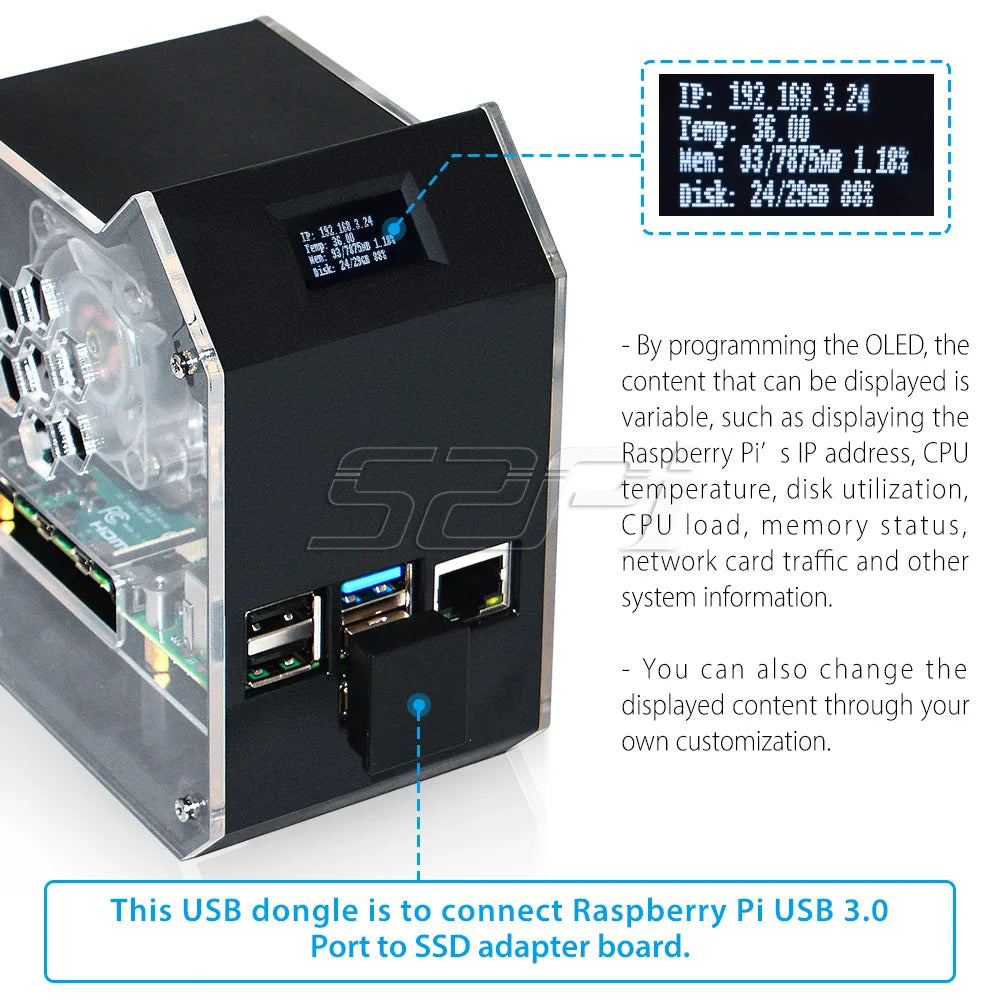52Pi Raspberry Pi 4 Model B ABS Mini Tower NAS Kit with Ice Tower 0.96 Screen Dispaly Power Adaptor