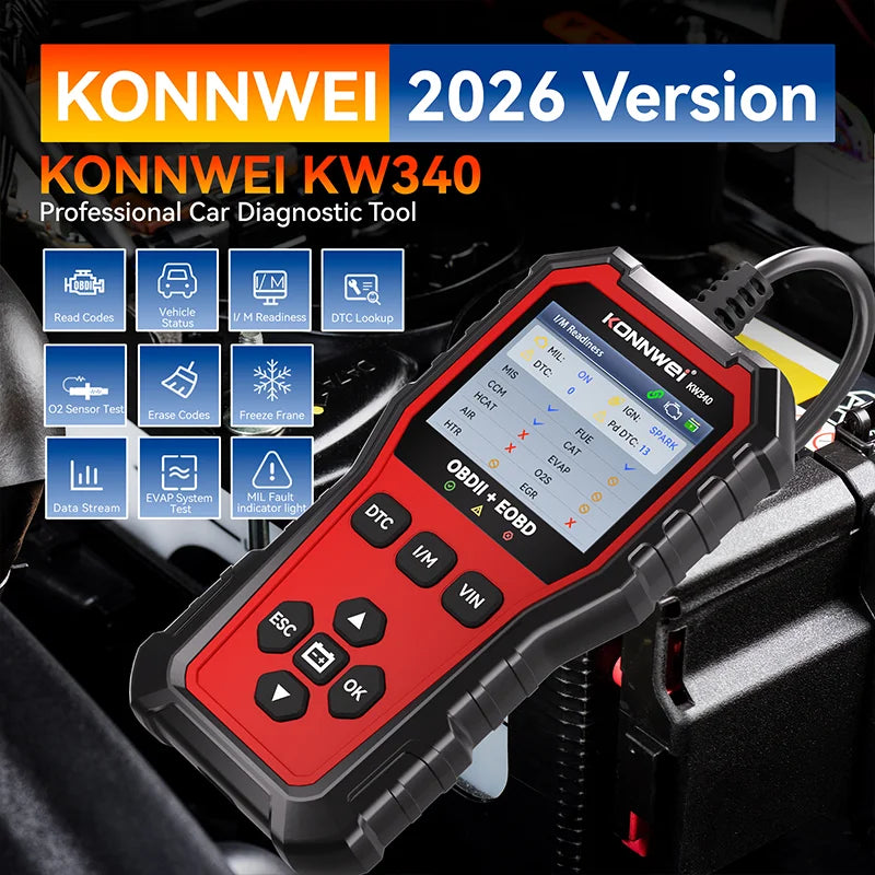 2026 KONNWEi KW340 Car CAN OBD2 EOBD Diagnostic Tool Engine Battery Test Read Fault Code Clear Real-Time Data O2 Inspection Tool